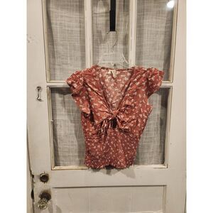 Japna Red & White Floral V-Neck Women's Blouse Size Medium‎